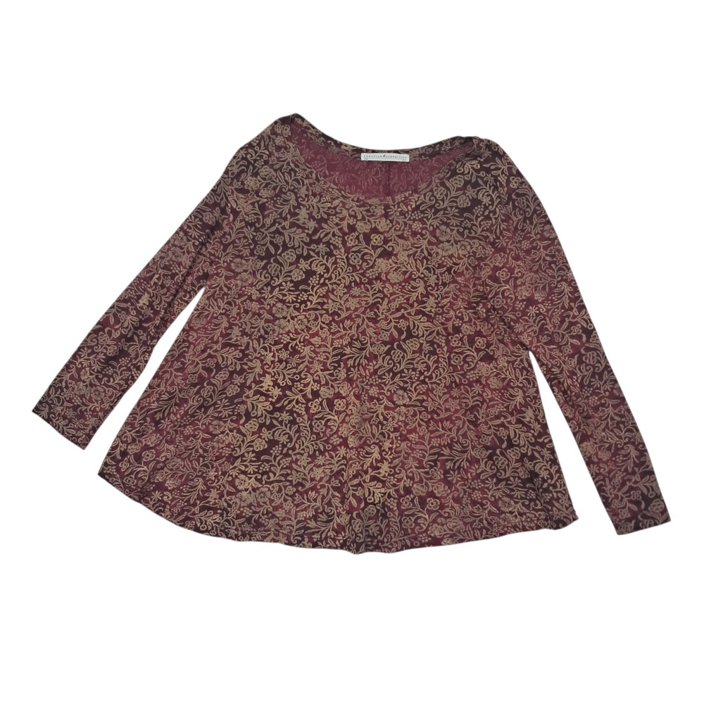 Peruvian Connection Top Womens XS/S Red Burgundy Floral Primose Long Sleeve Peru